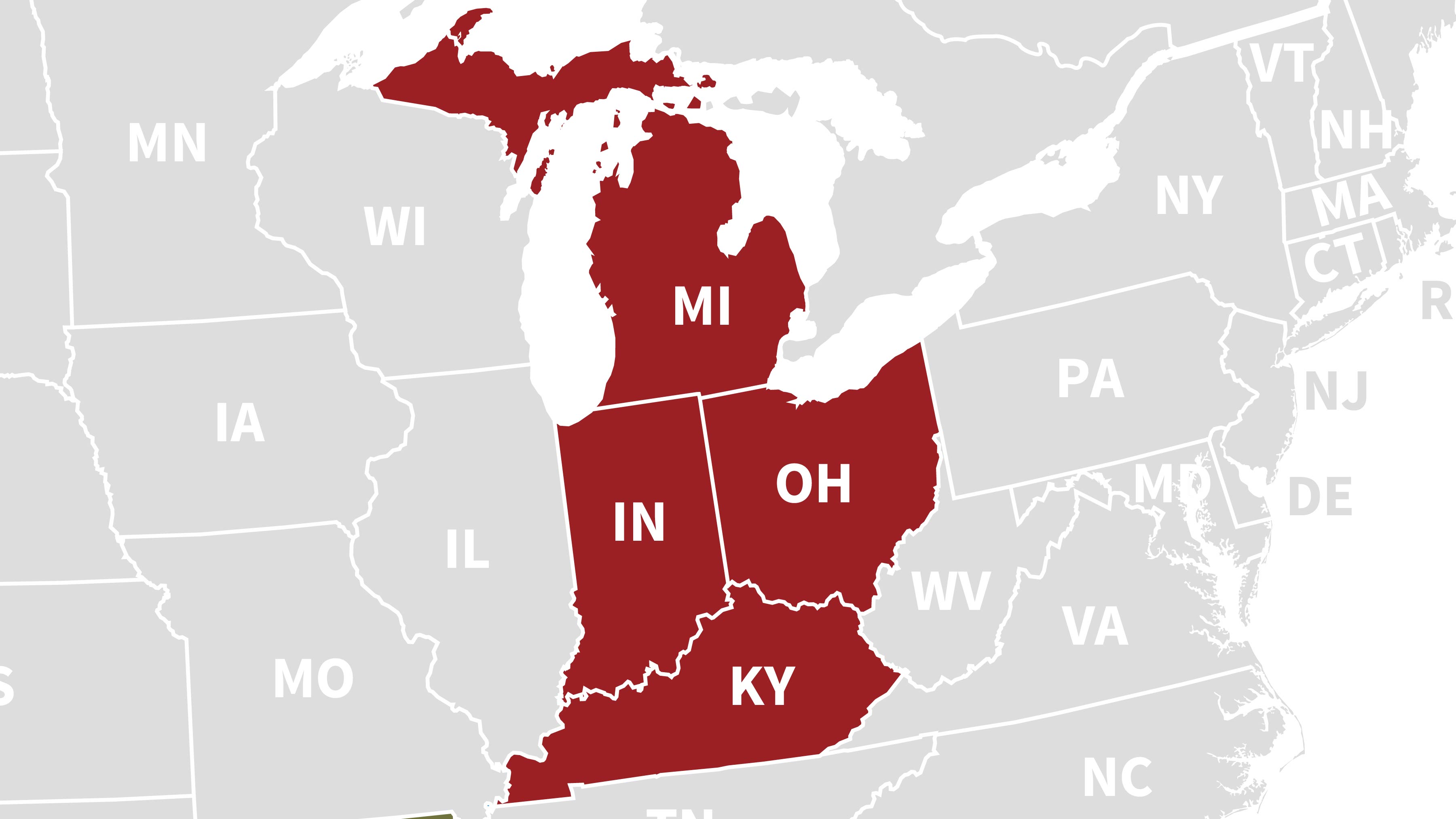 Map of the states in the ACFAS Great Lakes Region: Indiana, Kentucky, Michigan and Ohio